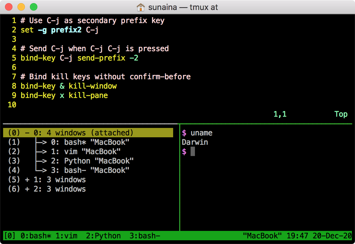 A screenshot of tmux with multiple sessions, windows and panes