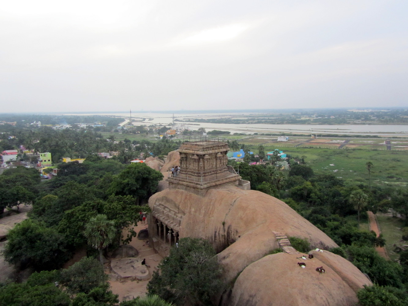 View of Mahishasuramardini Cave from the top with Buckingham Canal and fields behind the monument