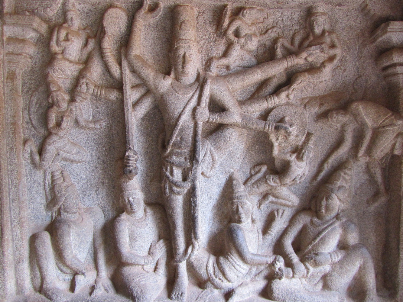A sidewall of Varaha Cave with a sculptured panel featuring Varaha lifting Bhu Devi, the mother earth