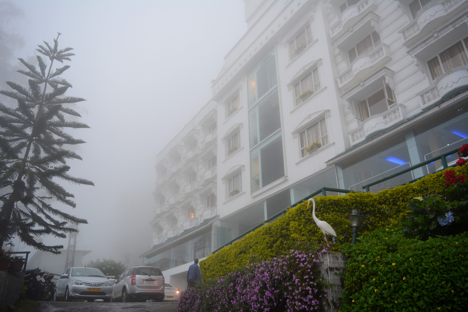 A hotel building covered in fog