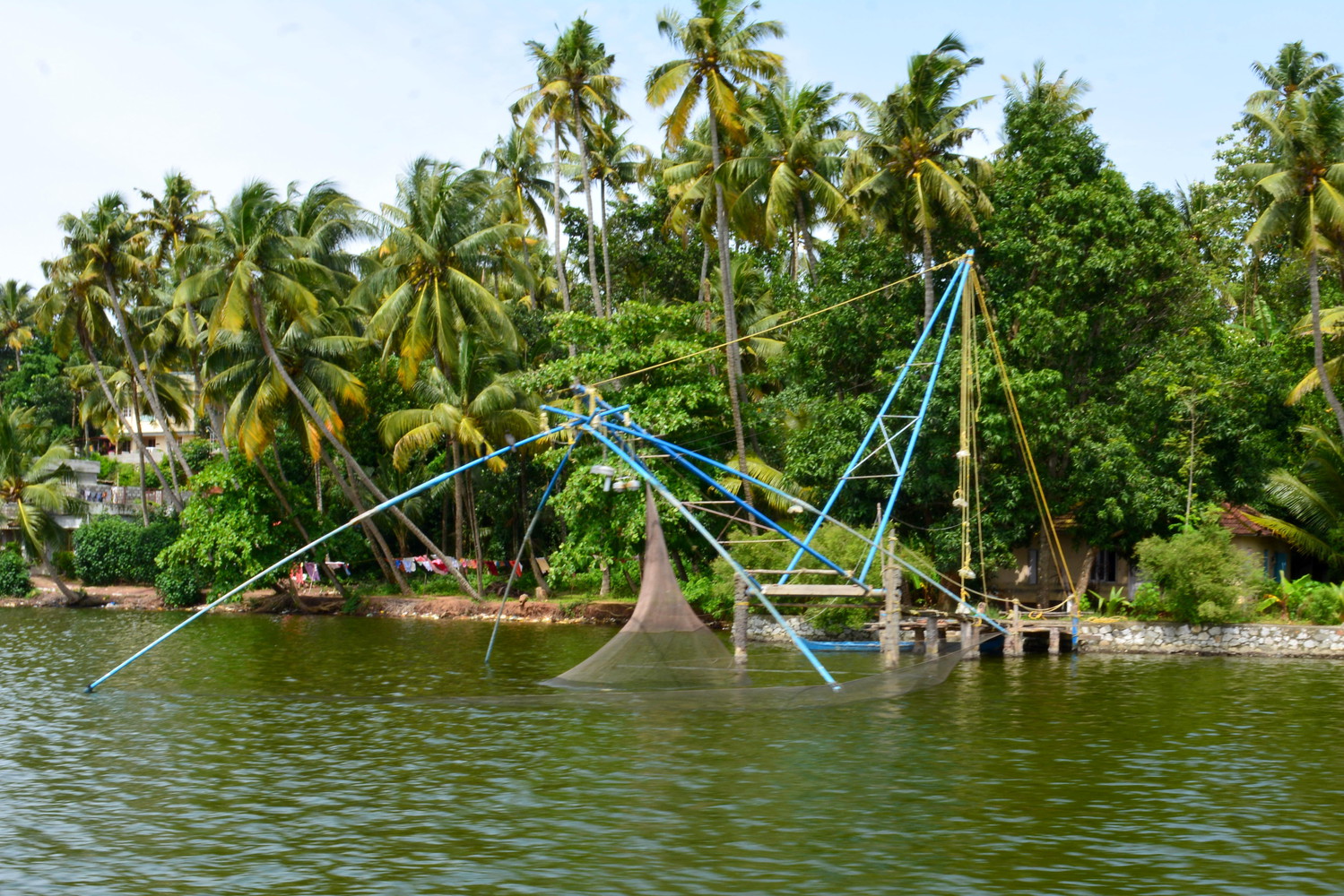 A Chinese fishing net in a lake surrounded by coconut palm trees