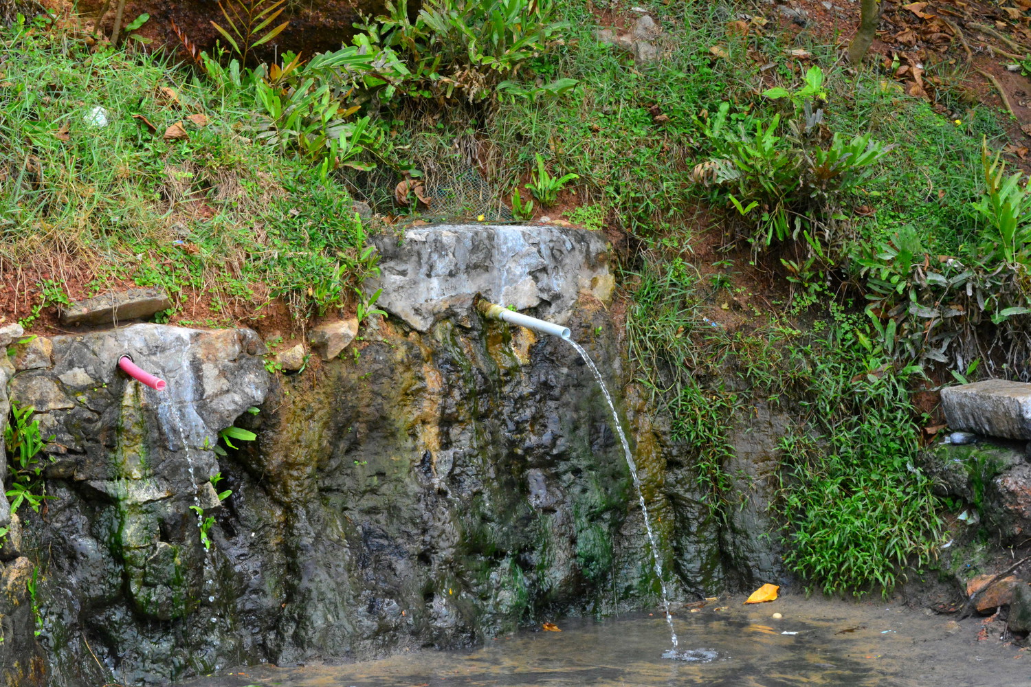 Natural spring water flowing out of pipes drilled into the rocks at the foot of a cliff