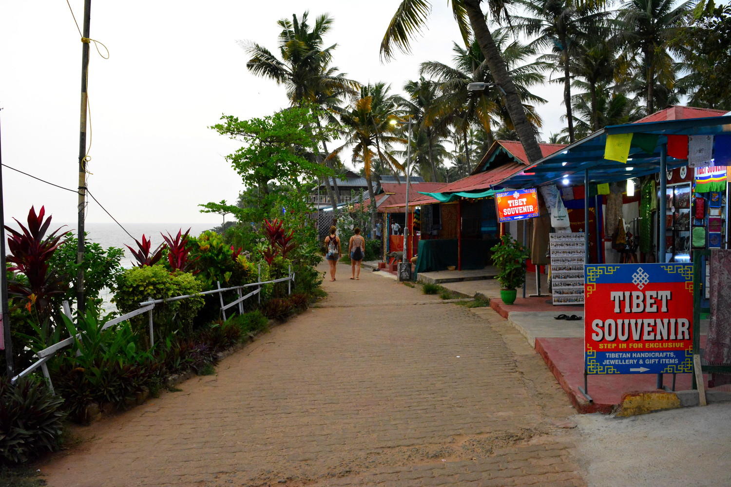 A promenade with souvenir shops and coconut palm trees along a cliff beside a sea